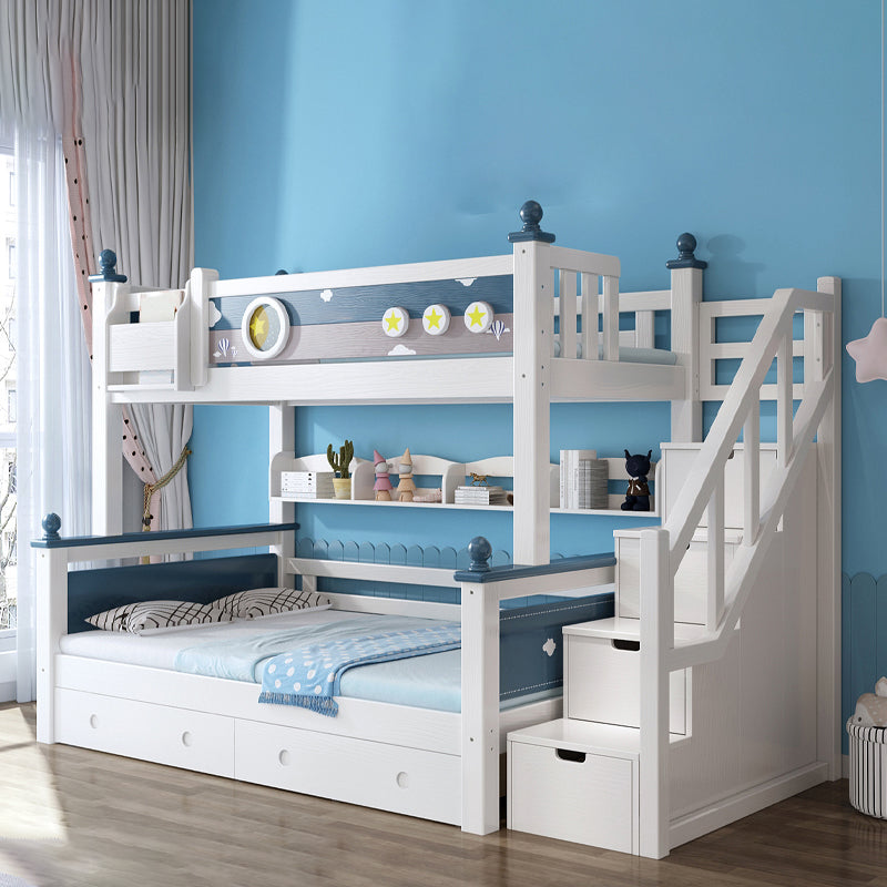 Contemporary Solid Wood Blue Dollhouse Storage with Guardrail Kids Bed