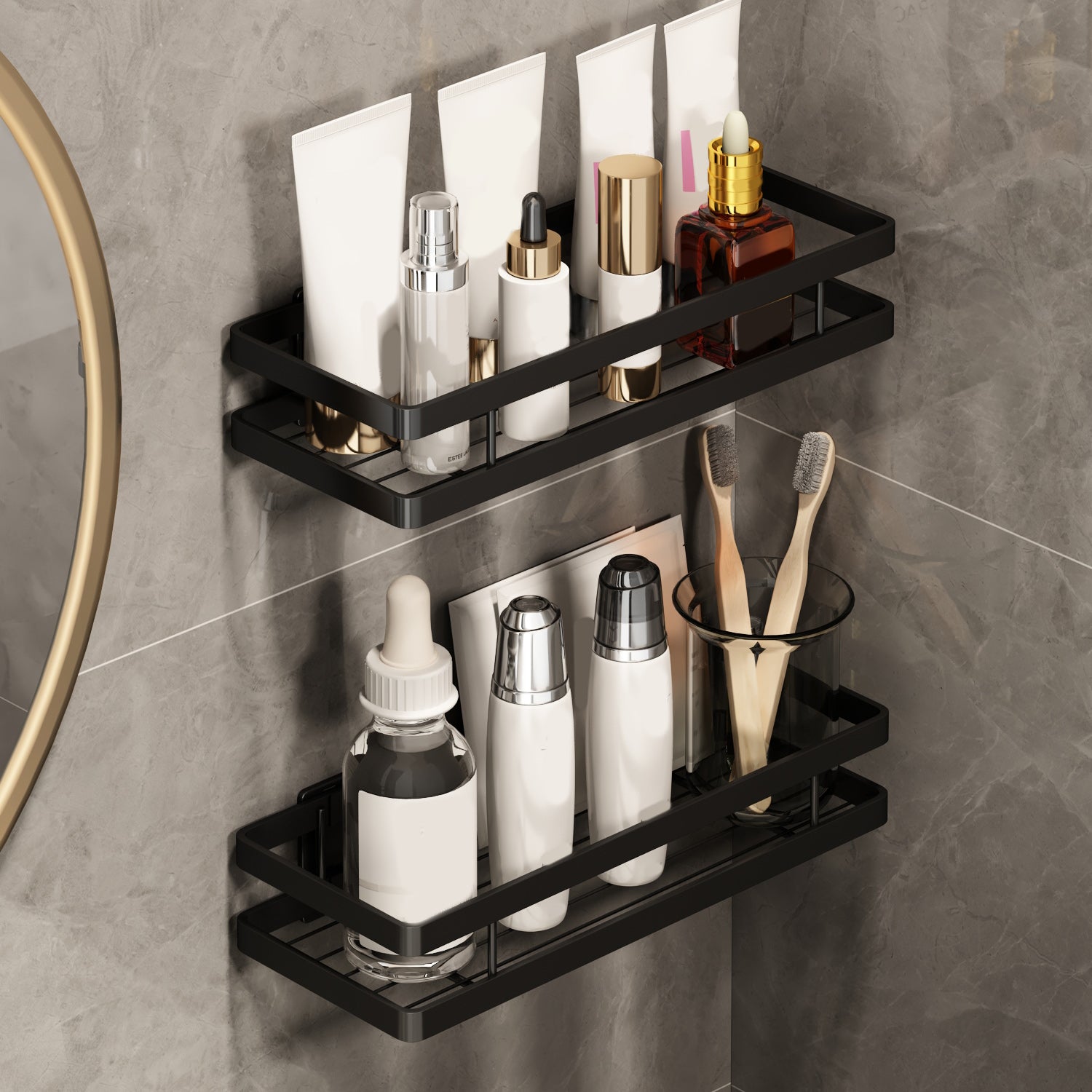 2 Piece Bath Shelf in Matte Black Metal Bathroom Hardware Set