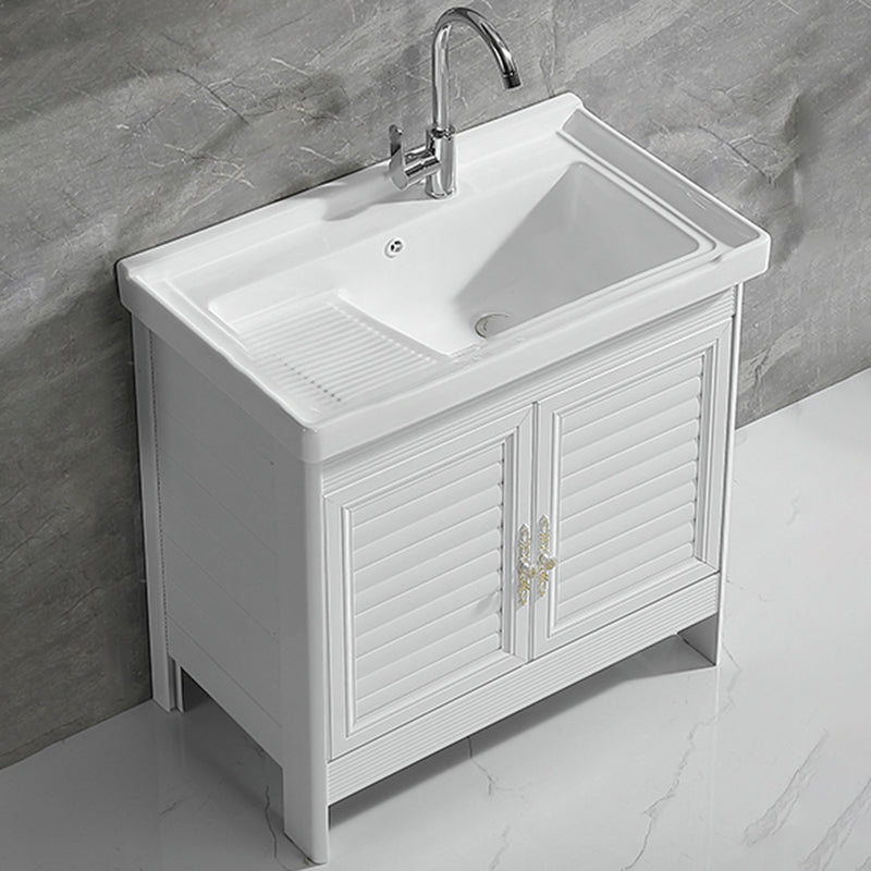 Metal Frame Vanity White Freestanding Rectangular Single Sink Glam Bath Vanity with Doors