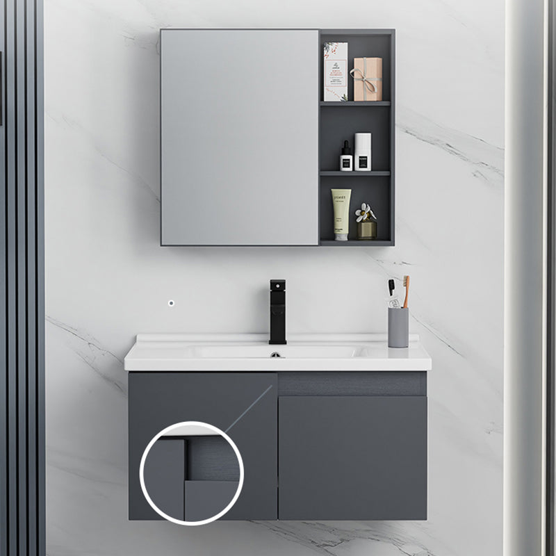 Grey Bath Vanity Wall Mount Rectangular Single Sink Mirror Metal Frame Vanity with Doors