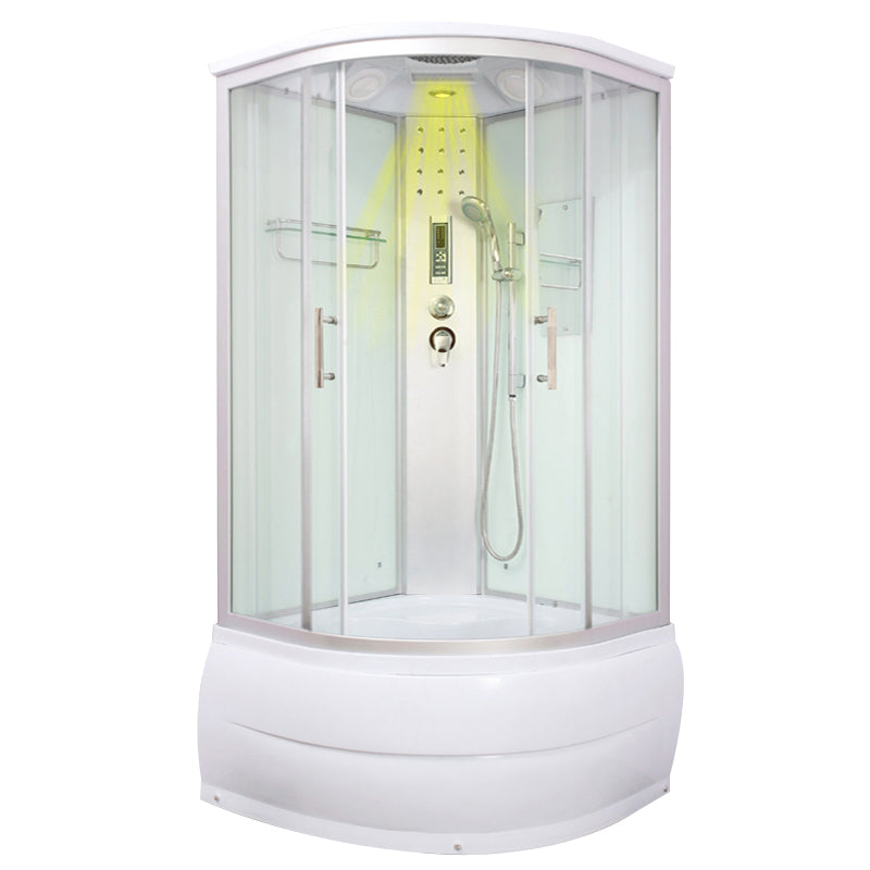 Round Shower Stall Double Sliding Shower Stall with White Base and Rain Shower