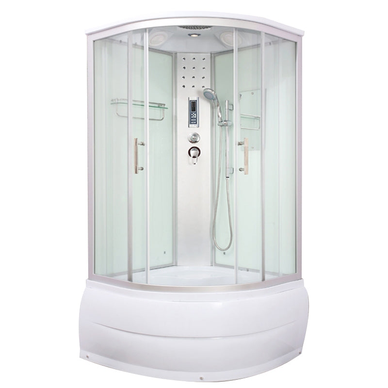 Round Shower Stall Double Sliding Shower Stall with White Base and Rain Shower