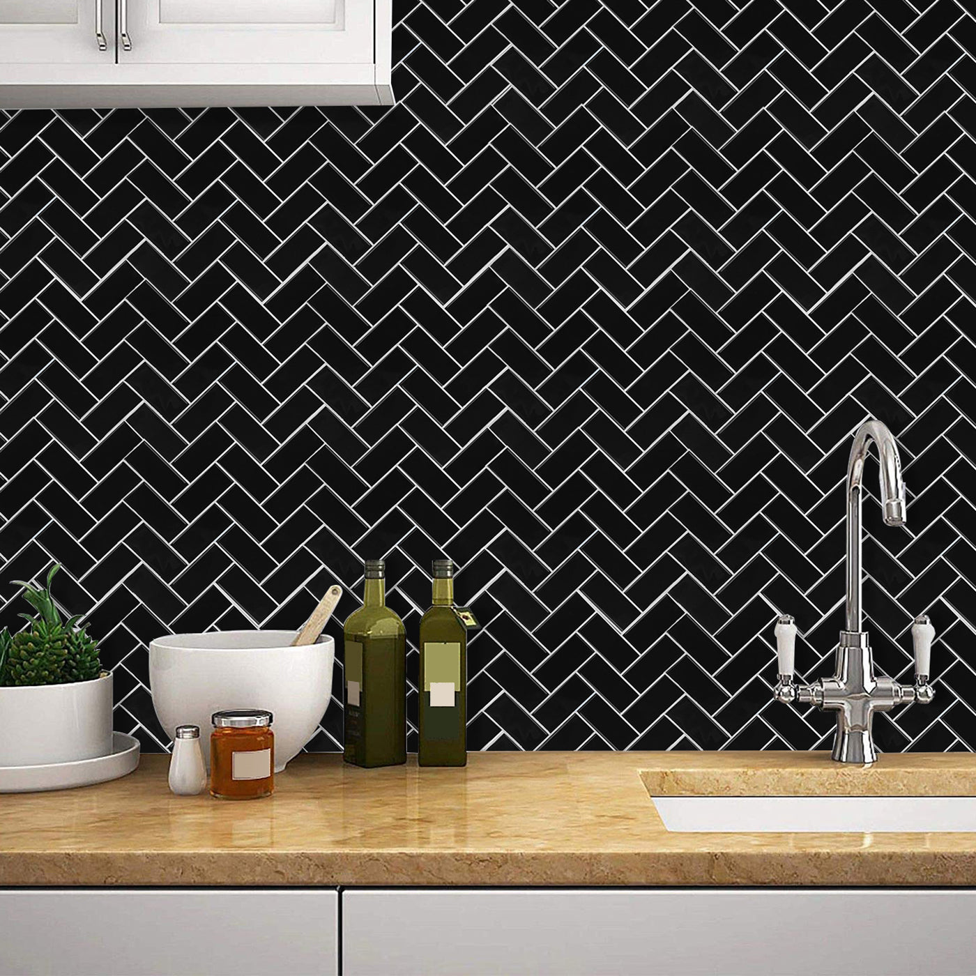 Square Peel & Stick Mosaic Tile Herringbone Peel and Stick Wall Tile