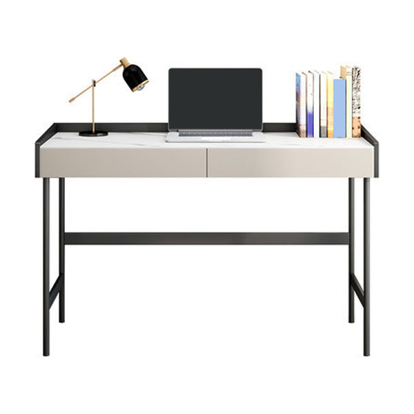 Modern Stone Rectangular Writing Desk 2-Drawers White Office Desk with H-Base