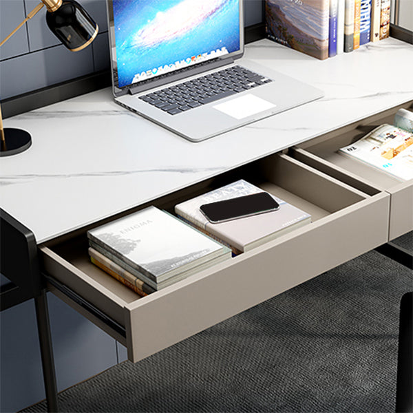 Modern Stone Rectangular Writing Desk 2-Drawers White Office Desk with H-Base