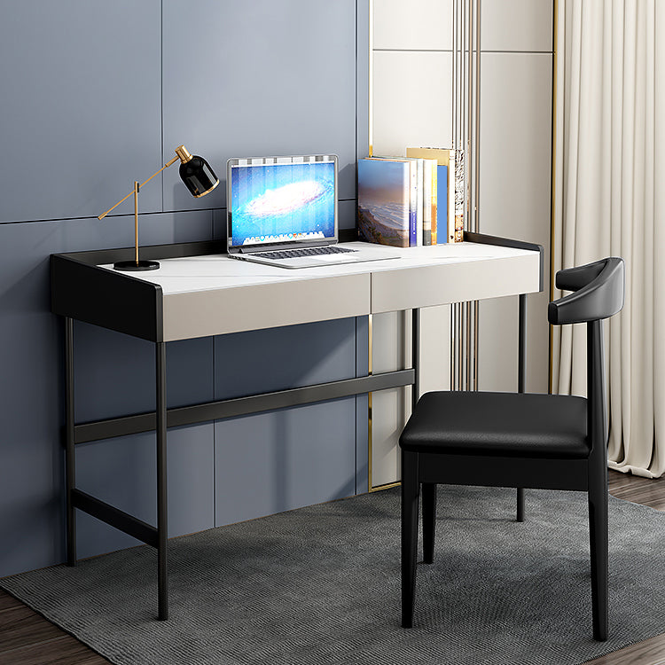 Modern Stone Rectangular Writing Desk 2-Drawers White Office Desk with H-Base