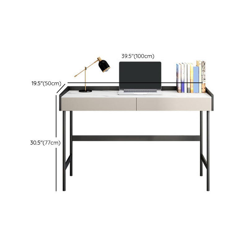 Modern Stone Rectangular Writing Desk 2-Drawers White Office Desk with H-Base