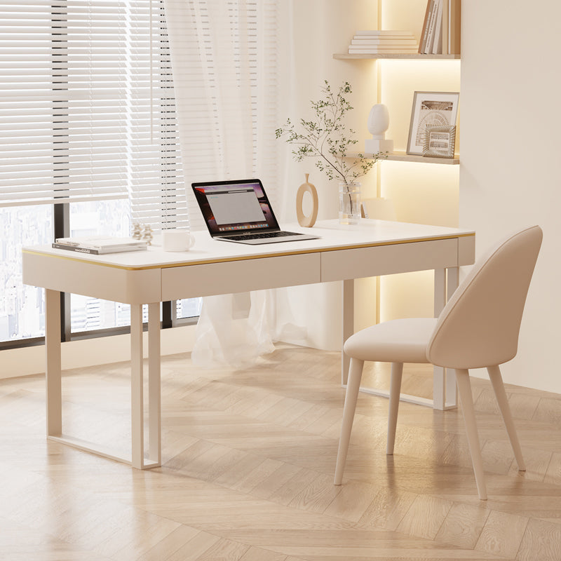 Contemporary Rectangular White Office Desk Iron Base Writing Desk for Home