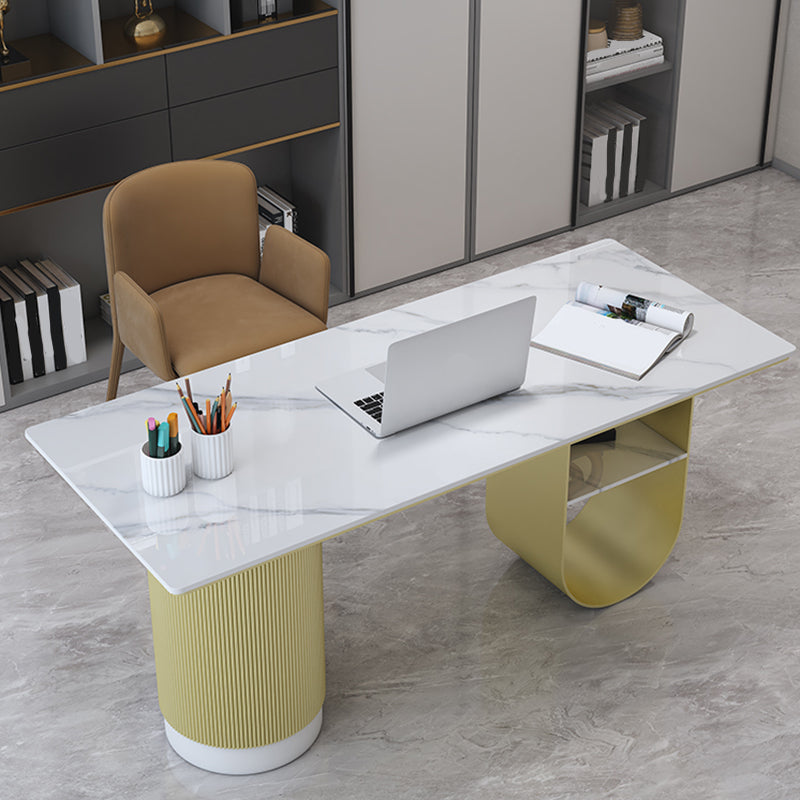 Rectangular Shaped Office Desk 2 Legs Writing Desk in White and Gold for Office