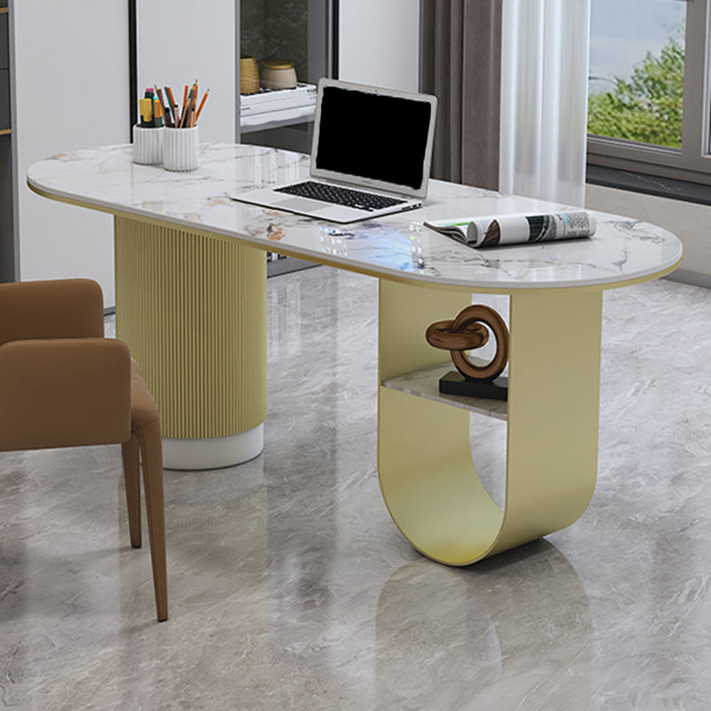 Rectangular Shaped Office Desk 2 Legs Writing Desk in White and Gold for Office