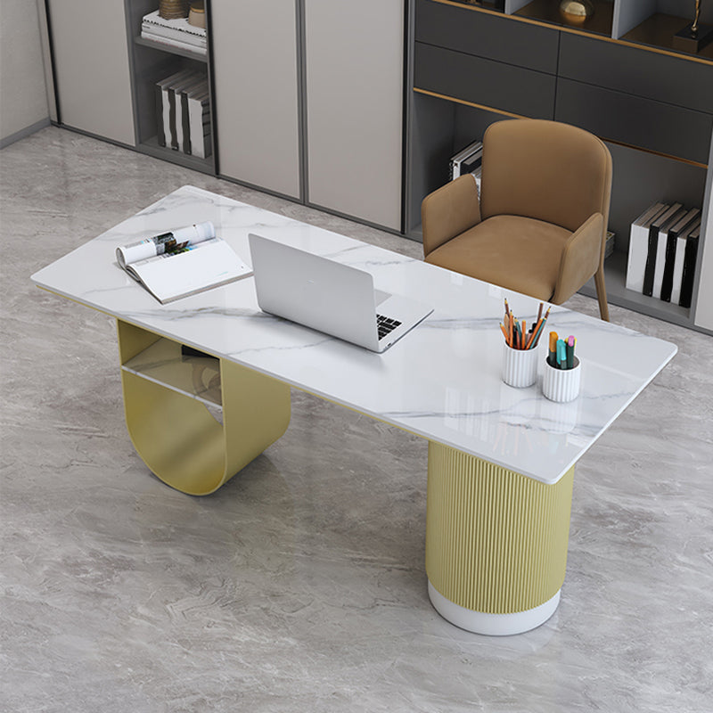 Rectangular Shaped Office Desk 2 Legs Writing Desk in White and Gold for Office