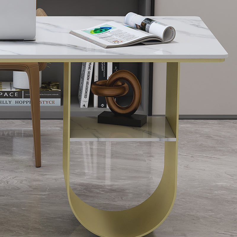 Rectangular Shaped Office Desk 2 Legs Writing Desk in White and Gold for Office