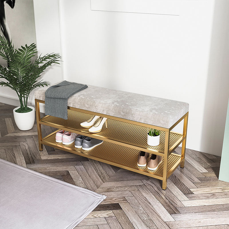 Glam Entryway Cushioned Bench Metal Seating Bench with Shoe Storage