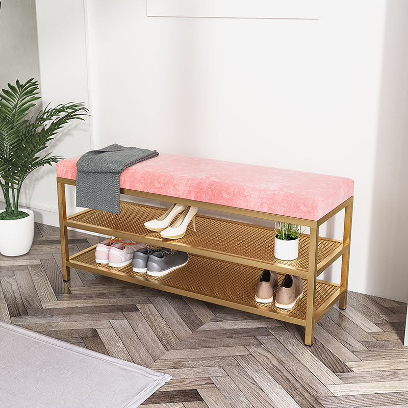 Glam Entryway Cushioned Bench Metal Seating Bench with Shoe Storage