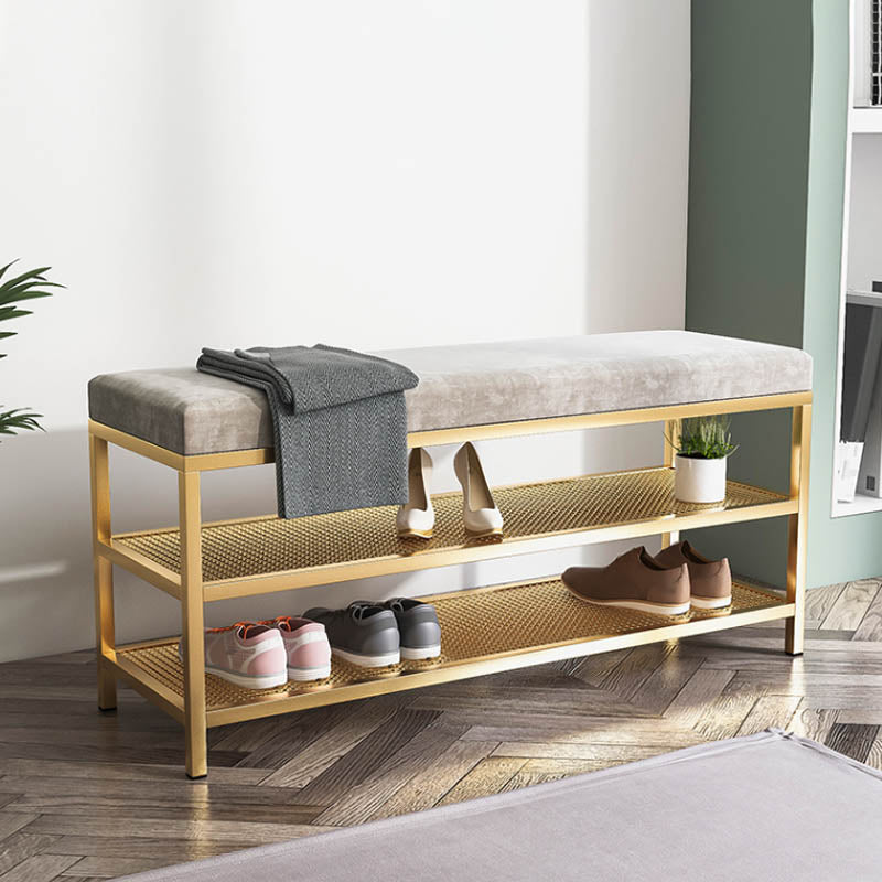 Glam Entryway Cushioned Bench Metal Seating Bench with Shoe Storage