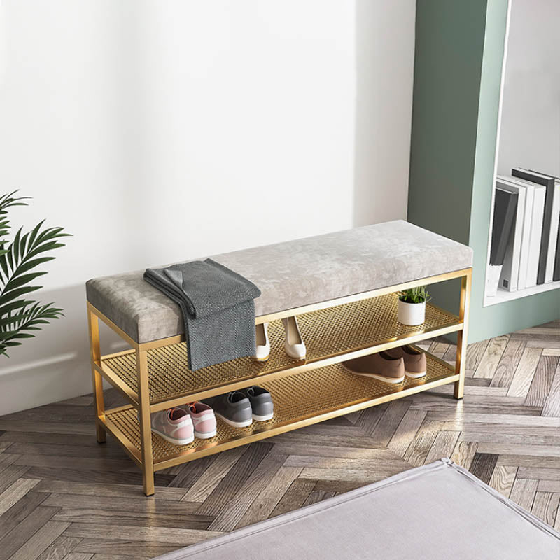 Glam Entryway Cushioned Bench Metal Seating Bench with Shoe Storage