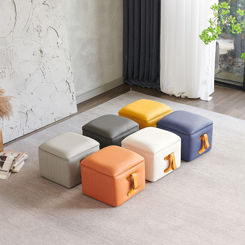 Glam Pouf Ottoman Genuine Leather Stain Resistant Upholstered Solid Color Square Ottoman