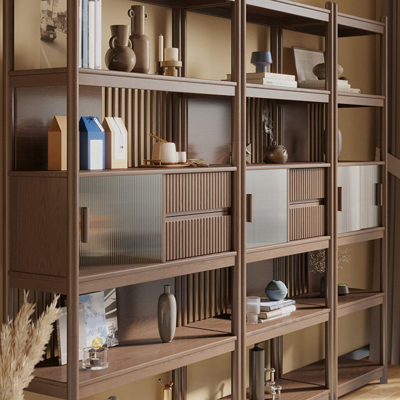 Rectangular Wood Cabinet, Mid-Century Modern Glass Paned Door Storage Cabinet