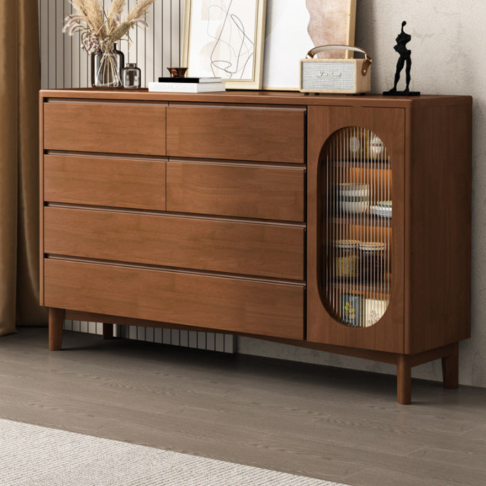 1-Door and 6-Drawer Chest Rubberwood 47.2" Wide Cabinet with Rattan Accent