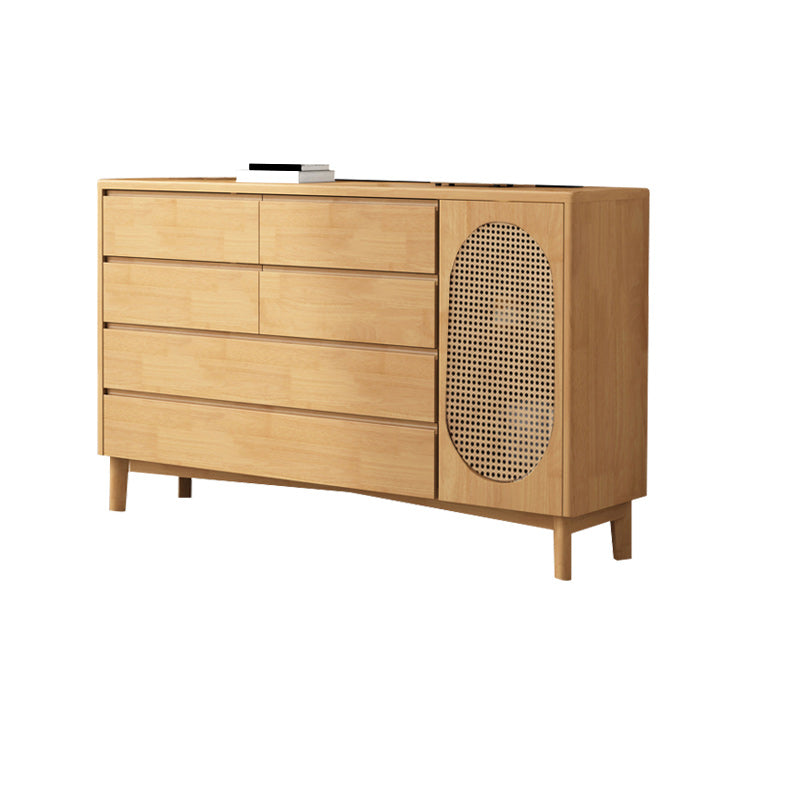 1-Door and 6-Drawer Chest Rubberwood 47.2" Wide Cabinet with Rattan Accent