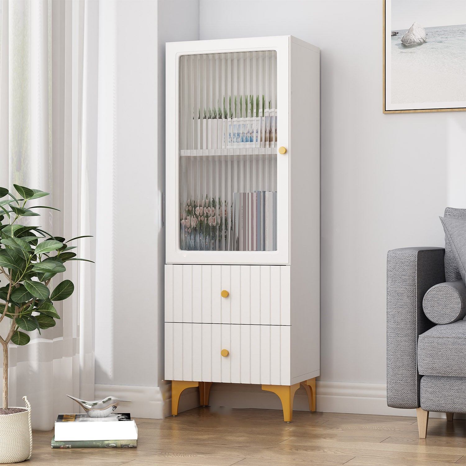 White and Black Accent Cabinet Glass Paned Storage Cabinet with Doors