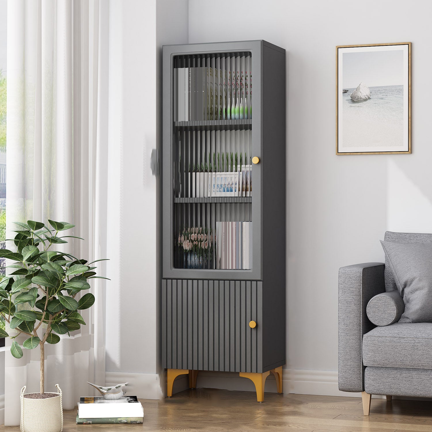 White and Black Accent Cabinet Glass Paned Storage Cabinet with Doors