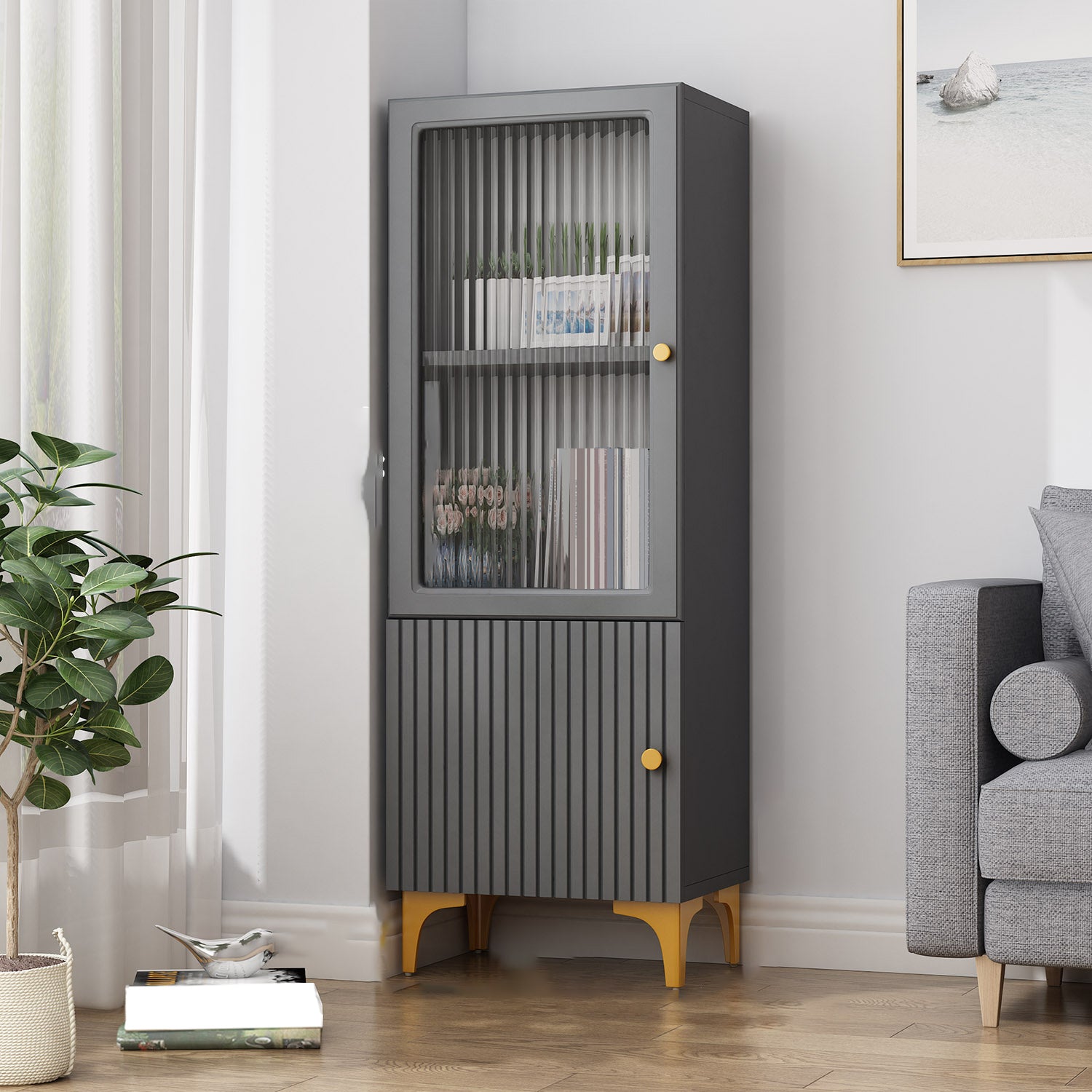 White and Black Accent Cabinet Glass Paned Storage Cabinet with Doors