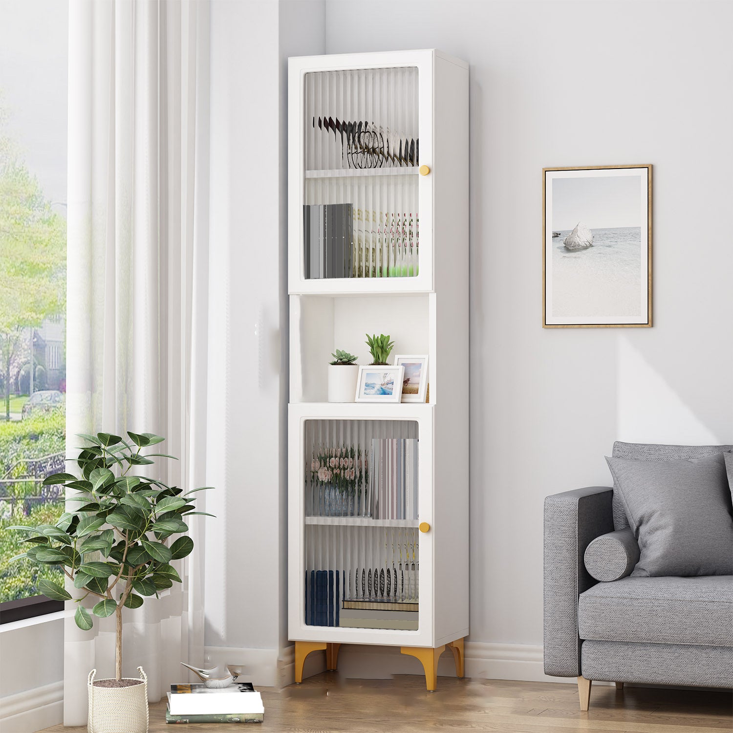 White and Black Accent Cabinet Glass Paned Storage Cabinet with Doors