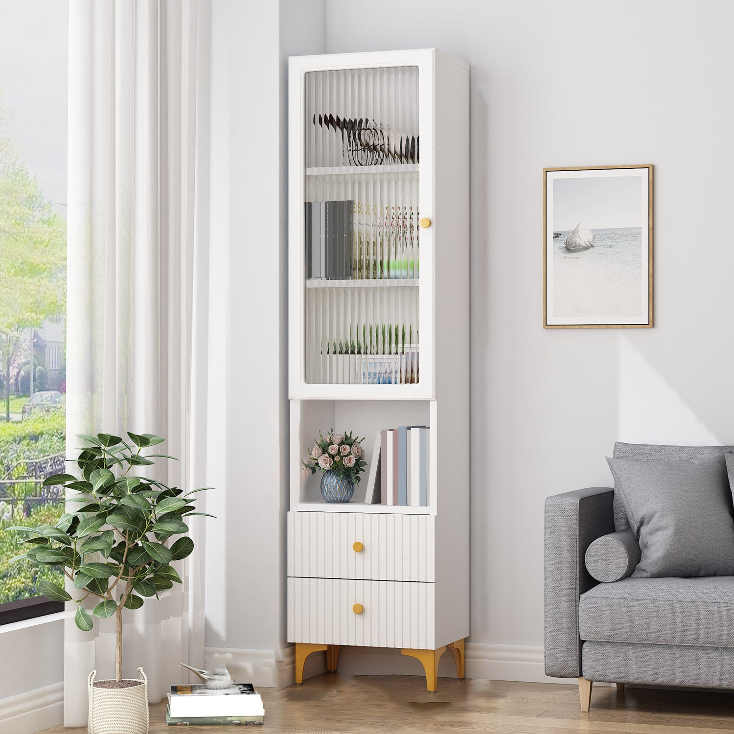 White and Black Accent Cabinet Glass Paned Storage Cabinet with Doors