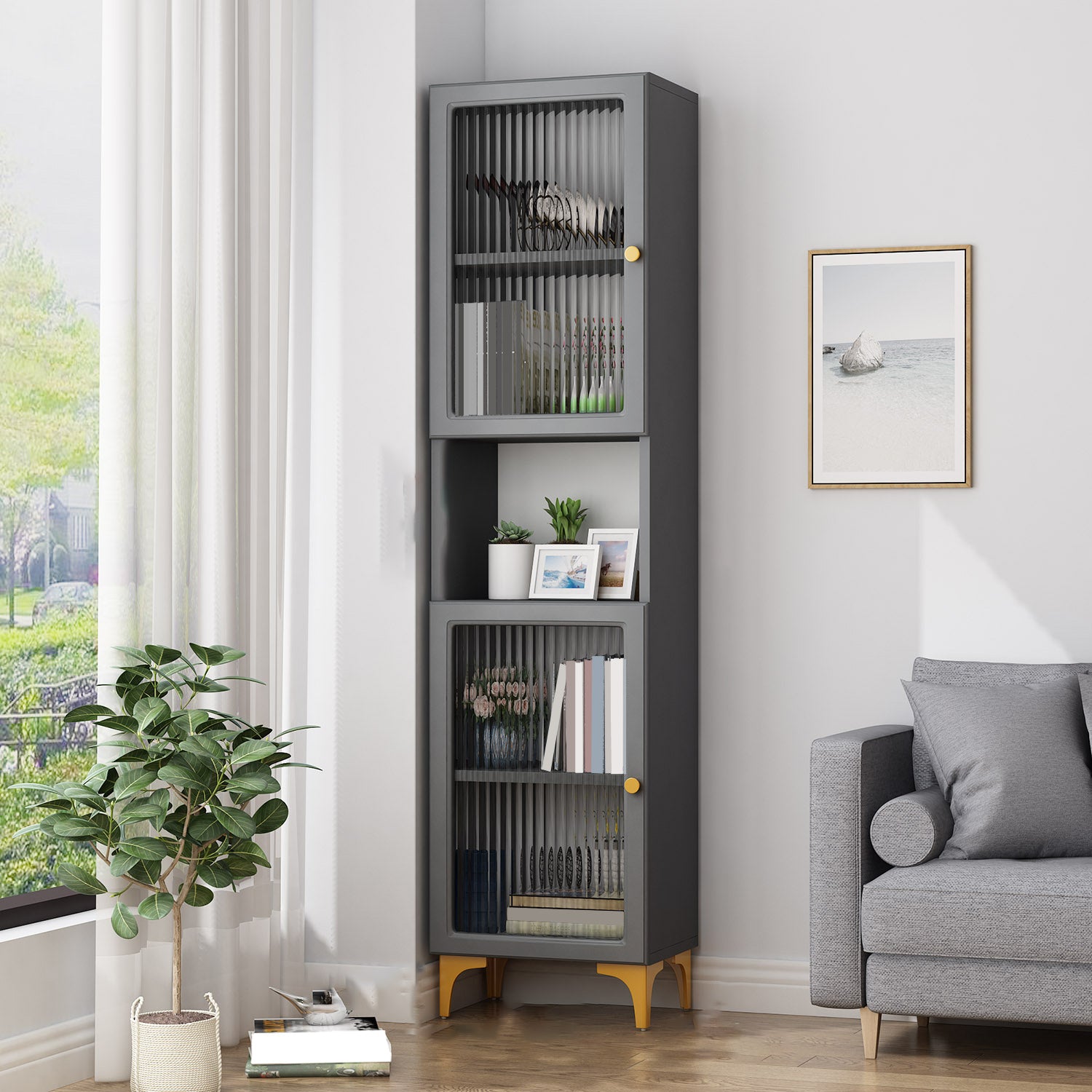 White and Black Accent Cabinet Glass Paned Storage Cabinet with Doors