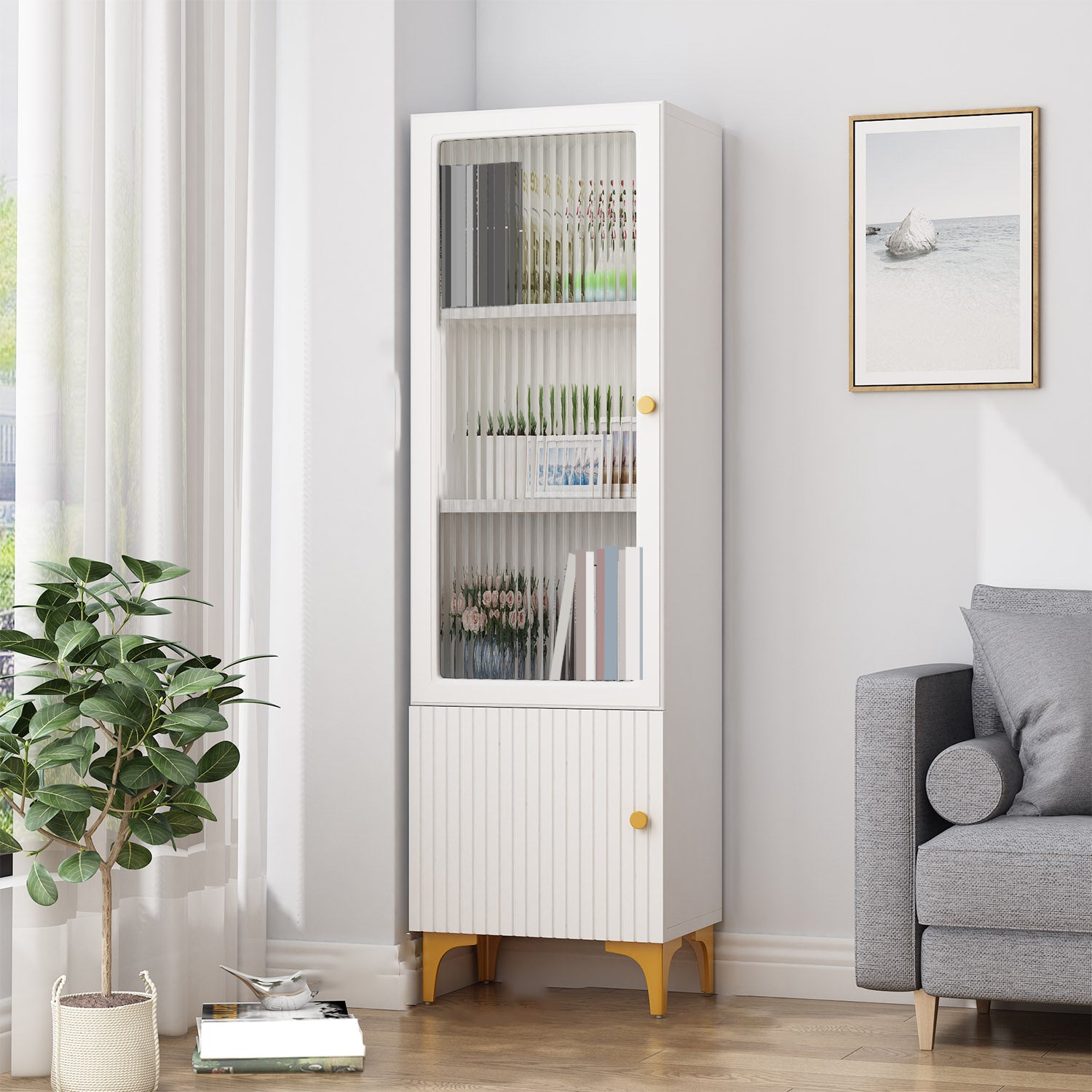 White and Black Accent Cabinet Glass Paned Storage Cabinet with Doors