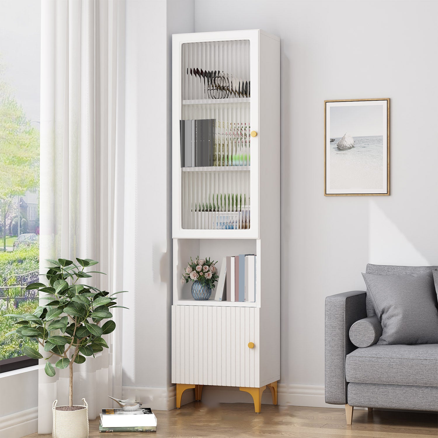 White and Black Accent Cabinet Glass Paned Storage Cabinet with Doors