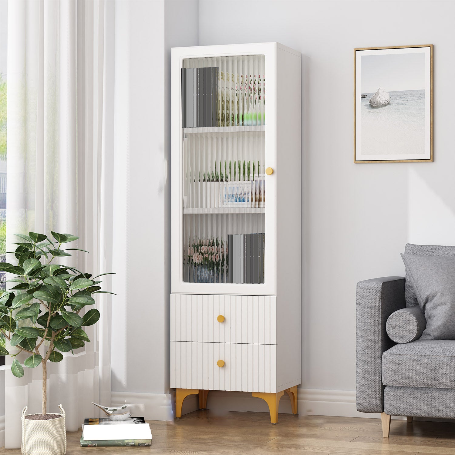 White and Black Accent Cabinet Glass Paned Storage Cabinet with Doors