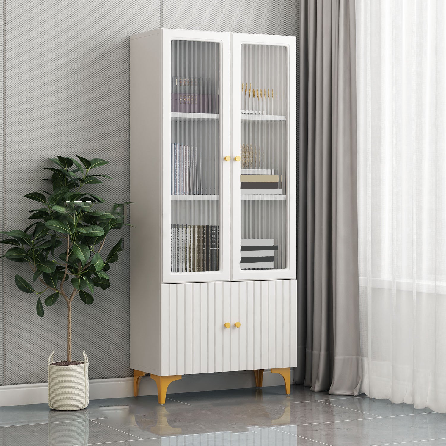 White and Black Accent Cabinet Glass Paned Storage Cabinet with Doors