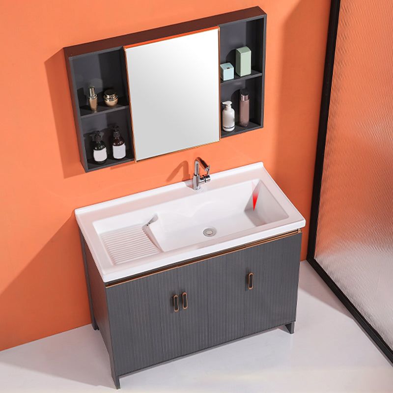 Waterproof Vanity Grey Single Sink Freestanding Mirror Rectangular Bath Vanity with Doors