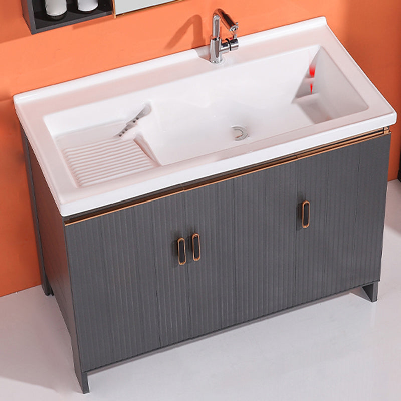 Waterproof Vanity Grey Single Sink Freestanding Mirror Rectangular Bath Vanity with Doors