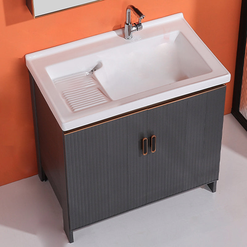 Waterproof Vanity Grey Single Sink Freestanding Mirror Rectangular Bath Vanity with Doors