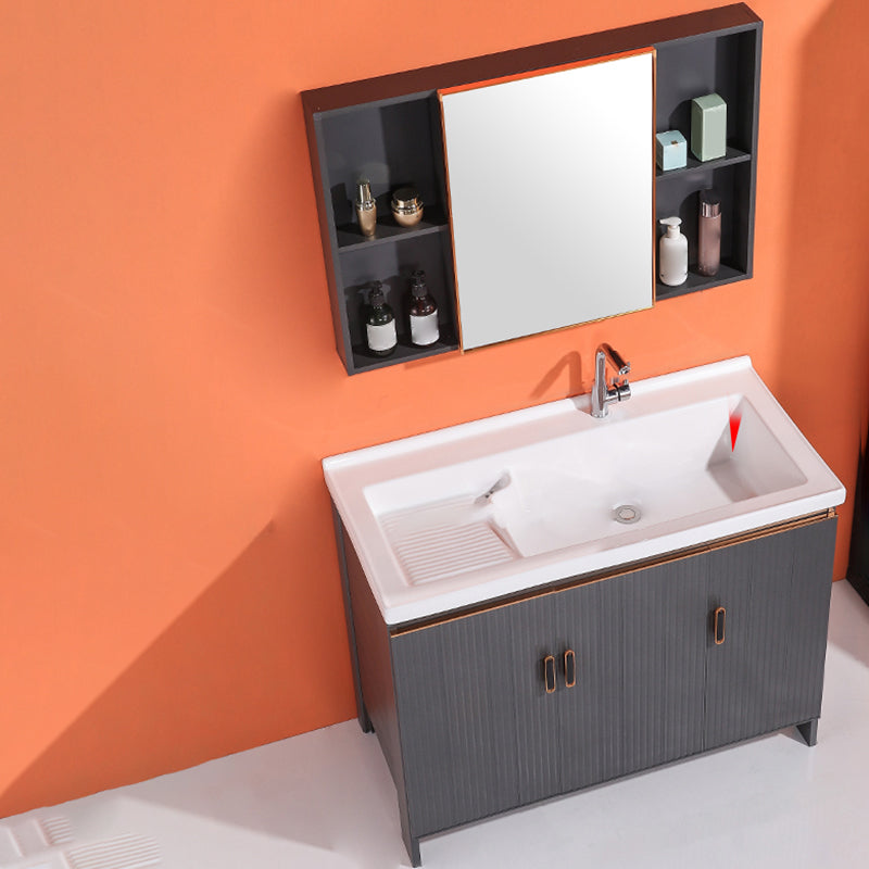 Waterproof Vanity Grey Single Sink Freestanding Mirror Rectangular Bath Vanity with Doors