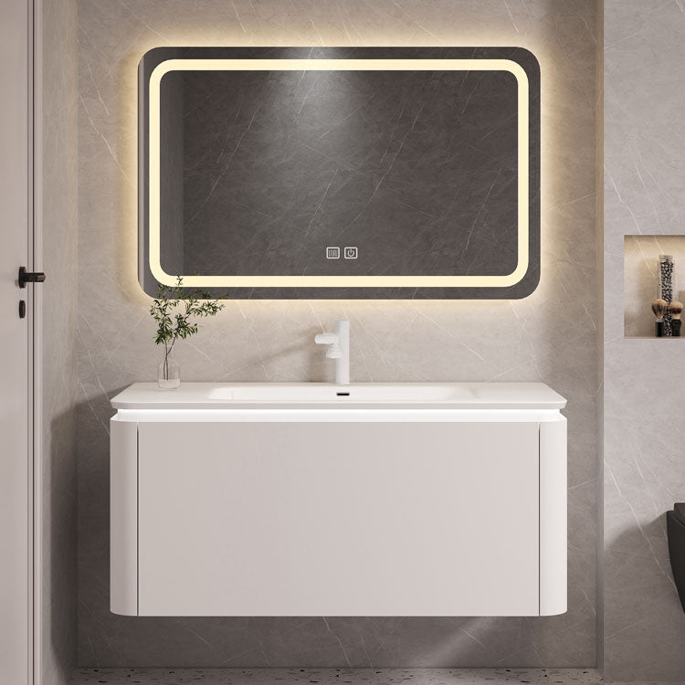 Rectangular White Vanity Wall Mounted Single Sink Mirror Wood Frame Vanity with Drawer