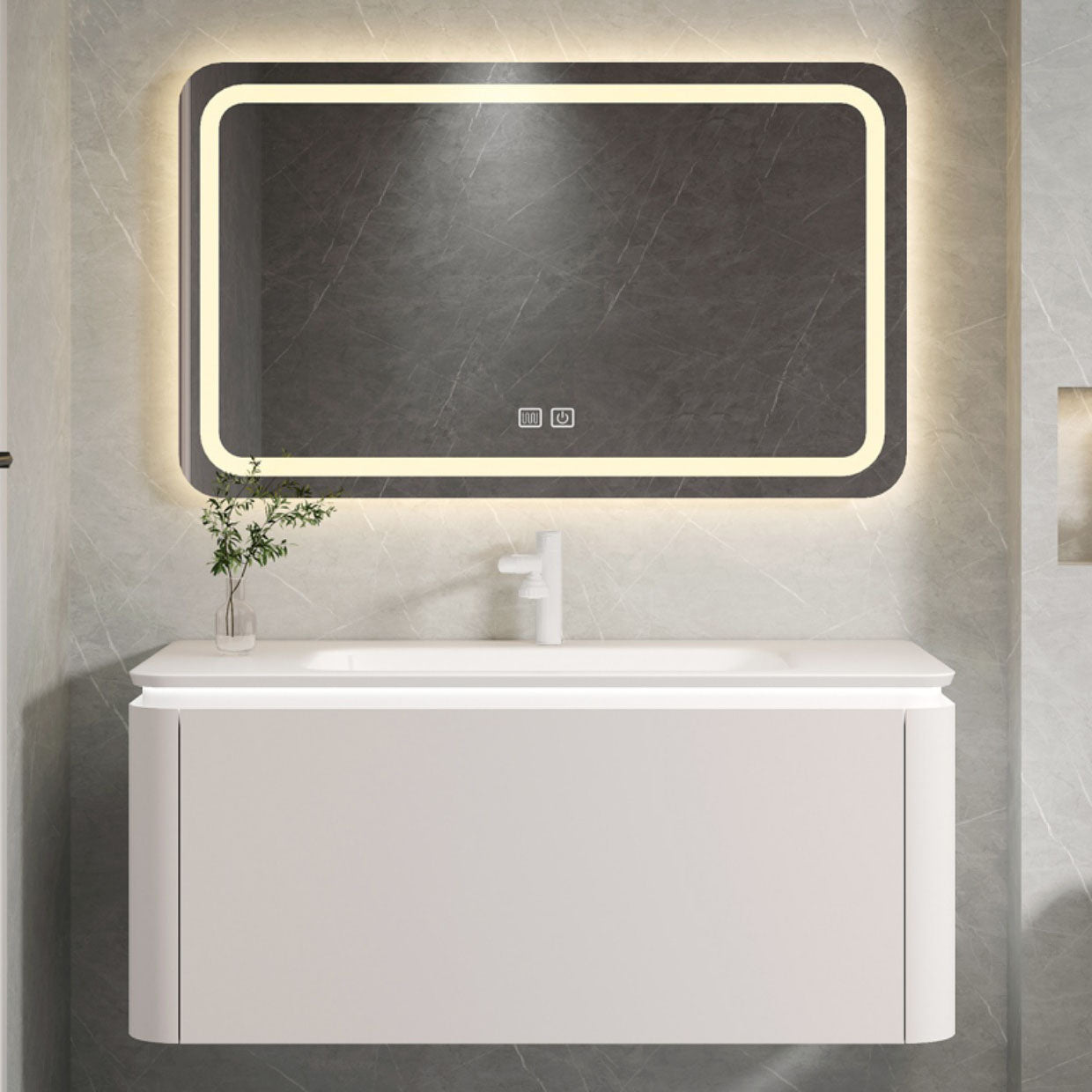 Rectangular White Vanity Wall Mounted Single Sink Mirror Wood Frame Vanity with Drawer