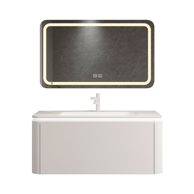 Rectangular White Vanity Wall Mounted Single Sink Mirror Wood Frame Vanity with Drawer