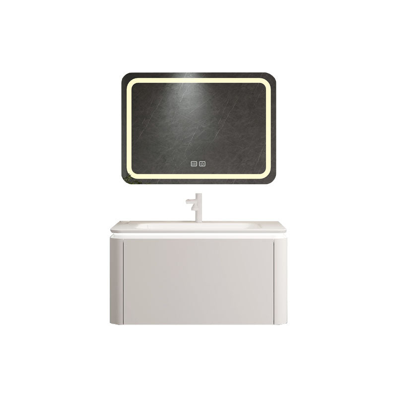 Rectangular White Vanity Wall Mounted Single Sink Mirror Wood Frame Vanity with Drawer