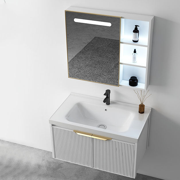 Rectangular White Vanity Single Sink Wall Mount 2 Doors Faucet Metal Frame Mirror Vanity