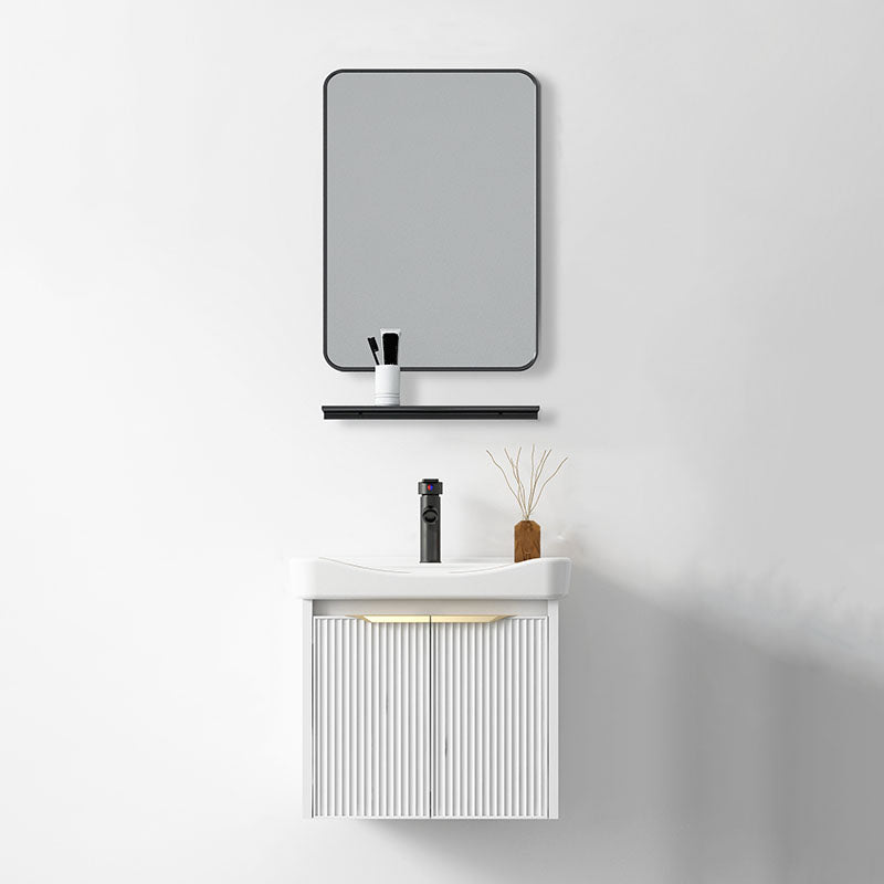 Rectangular White Vanity Single Sink Wall Mount 2 Doors Faucet Metal Frame Mirror Vanity