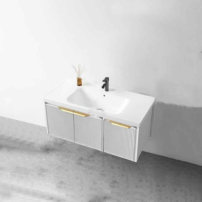 Rectangular White Vanity Single Sink Wall Mount 2 Doors Faucet Metal Frame Mirror Vanity