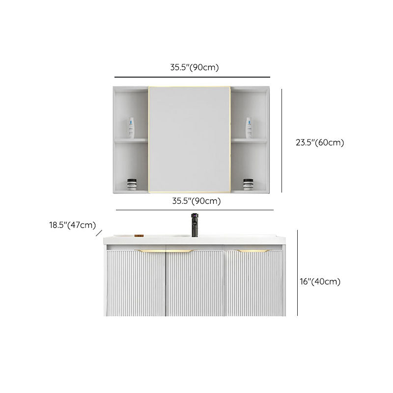 Rectangular White Vanity Single Sink Wall Mount 2 Doors Faucet Metal Frame Mirror Vanity