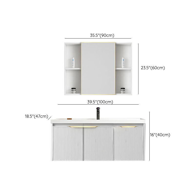 Rectangular White Vanity Single Sink Wall Mount 2 Doors Faucet Metal Frame Mirror Vanity