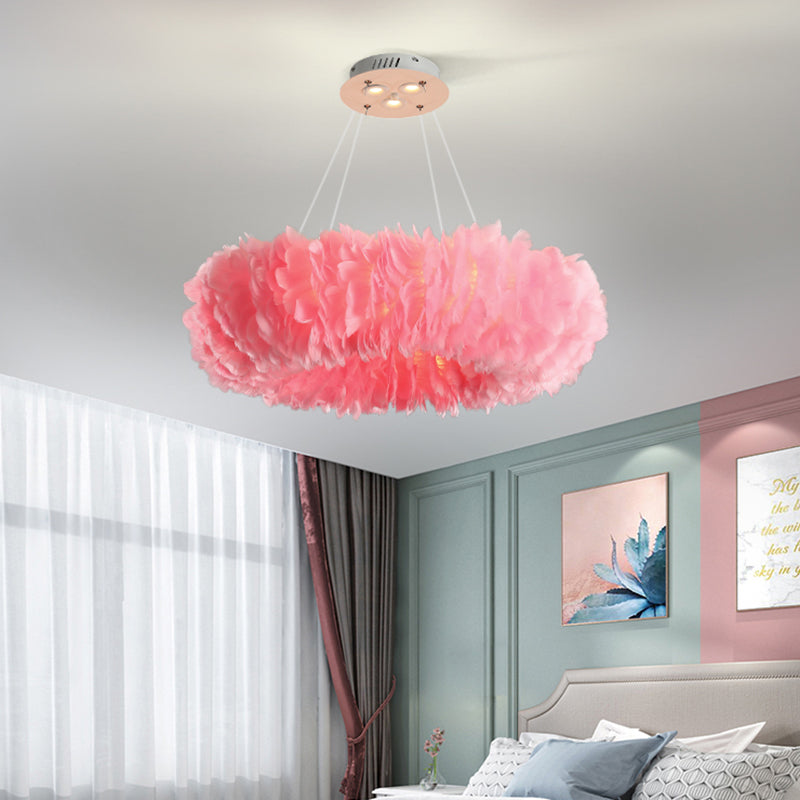 Loop Bedroom Ceiling Chandelier Fabric 3/6-Light Modernism Feather Suspended Pendant Lamp in White/Grey/Pink