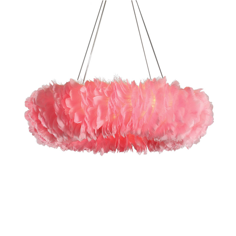 Loop Bedroom Ceiling Chandelier Fabric 3/6-Light Modernism Feather Suspended Pendant Lamp in White/Grey/Pink