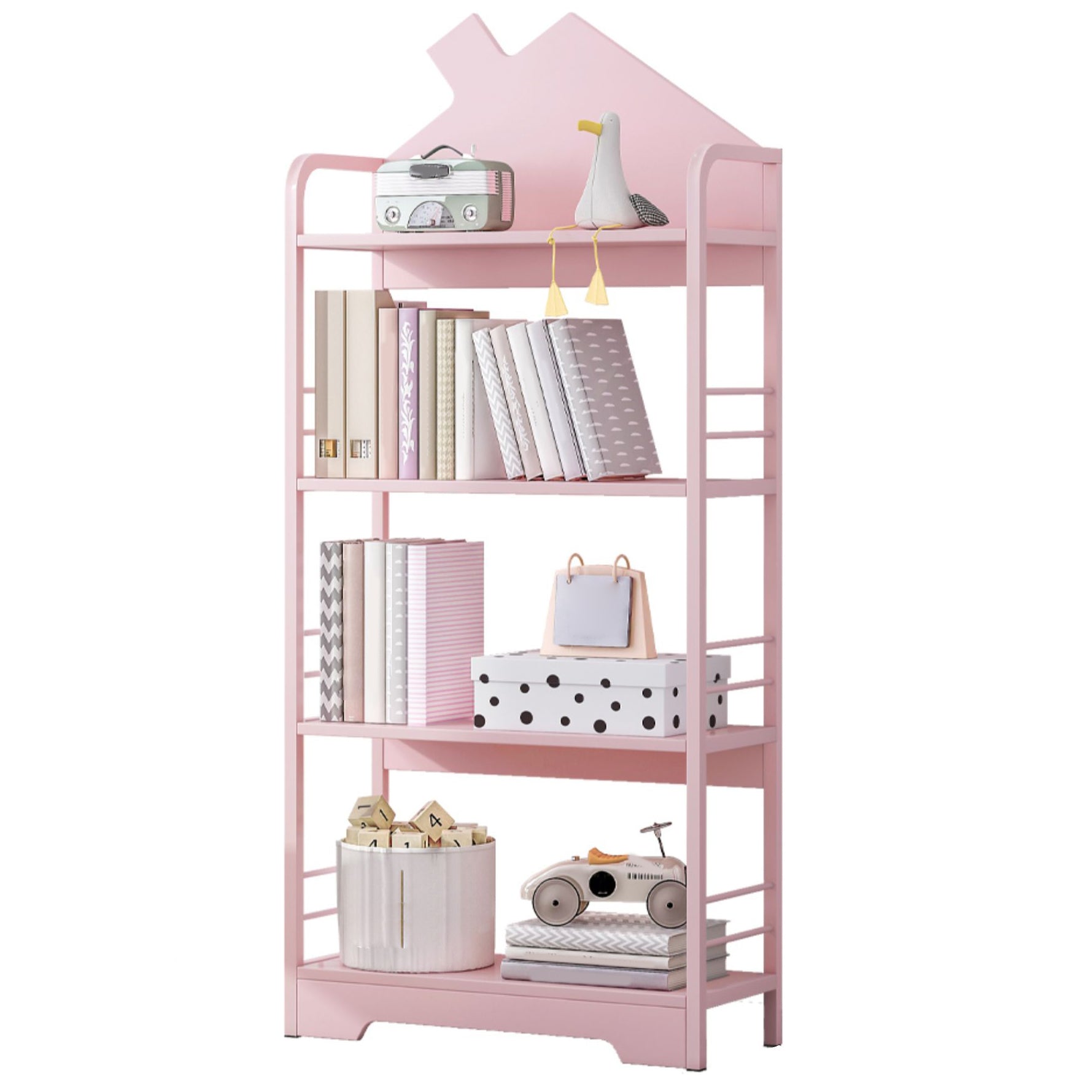 Contemporary Open Back Bookshelf Freestanding Metal Kids Bookcase with House Theme